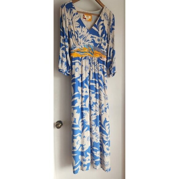 Maeve Anthropologie Belted Kimono Maxi Dress Long Sleeve Blue Floral Sz 8 V Neck - Picture 1 of 6